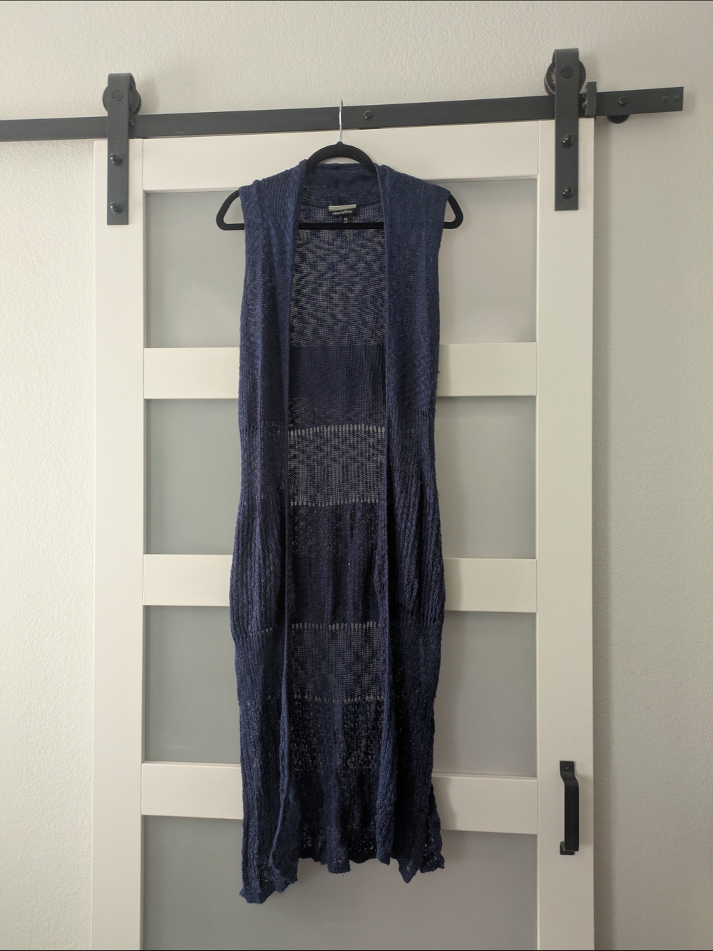 Long Navy Open Knit Sleeveless Cardigan